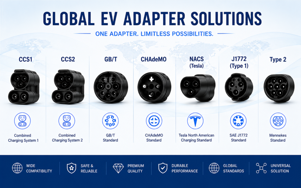 EV charging adapters on a factory inspection bench